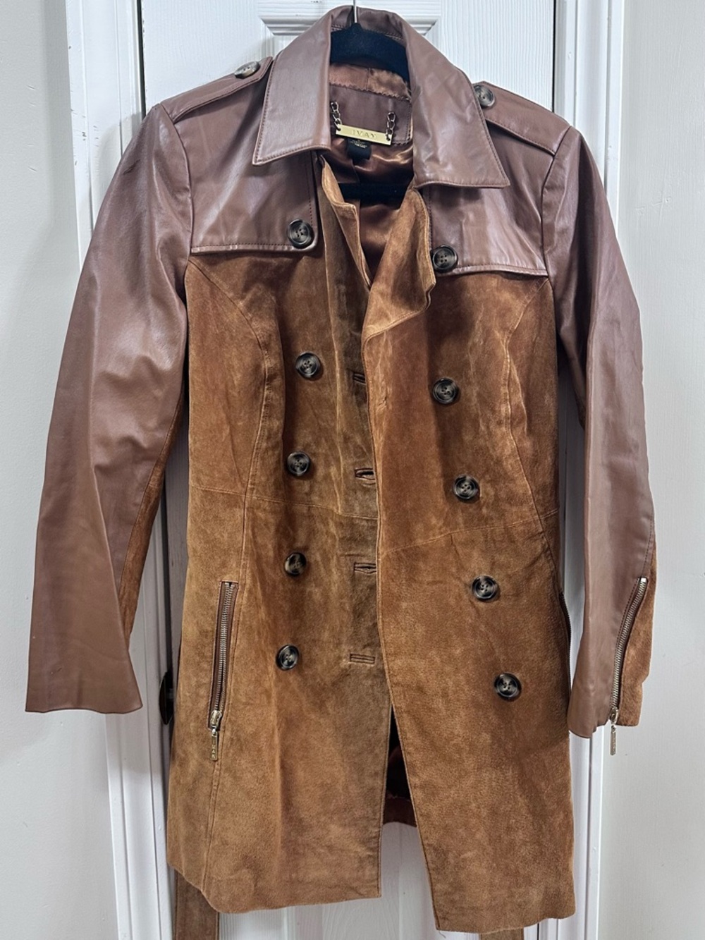 IMAN Two-Tone Brown Suede and Leather Trench Coat (mix26) - Picture 6 of 11